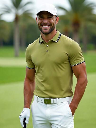 Men's Contrast Trim Golf Polo Shirt, Half Button Collar Color Block Business Casual Work Shirt For Boyfriend Gift, For Golf, For Daily Wear, For Summer, For Tennis
