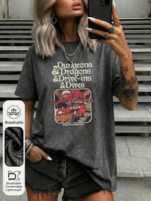 女士日常龙图案时尚眼镜圆领短袖休闲夏季女式上衣，战士披萨图案女士深灰色T恤 - 深灰色 - 查看 6