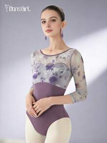 DonsGirl Áo liền quần múa ba lê nữ, trang phục khiêu vũ thanh lịch với họa tiết hoa hồng 3D bằng lưới và tay áo lửng, thích hợp cho thể thao mùa xuân. - Màu tím - Xem 4