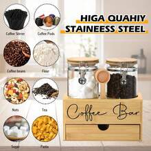 Bamboo Shelf Coffee Station Organizer 2Pcs 48oz Borosilicate Glass Airtight Jars With Stainless Steel Lid Spoon Drawer For Coffee Bean Sugar Nuts Kitchen Storage - 竹子-附抽屜 - 查看 3