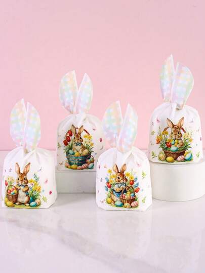 50pcs Easter Gift Bags, Colorful Easter Bunny Butterfly Floral Design Plastic Treat Bags, Buffalo Plaid Rabbit Ear Shape Party Favor Bags, Easter Party Favor Supplies, Easter Gift Wrapping Decorations