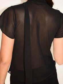 2026 Women's Mock Turtleneck Scarf T Shirts Chiffon Short Cape Sleeve Business Casual Tunic Tops Slim Fit Tie Up Summer Tunic Tops Basic Dressy Tee Shirt - màu đen - Xem 5