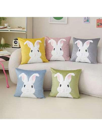 1pc Rabbit Pattern Cushion Cover, Cute Easter Bunny Printed Pillow Case, 2D Flat Printing In Yellow, Pink, Gray, Green, Suitable For Sofa, Room, Bed And Easter Decoration