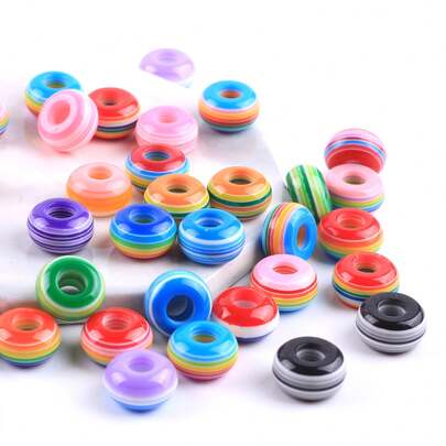 30pcs Assorted Striped Rainbow Resin Large Hole Beads, Jewelry Making DIY Bracelet Loose Beads