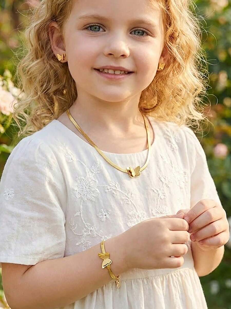 3件套优雅不锈钢金色蝴蝶吊坠项链、手链和耳环套装，适合女孩日常佩戴，可作为珠宝配饰或礼物。 - 金色 - 查看 1