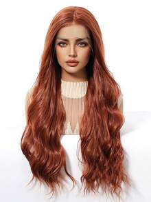 13x4蕾丝前假发，姜红色长波浪假发，女士自然发际线，耐热合成假发，日常派对适用 - 臟橘色 - 查看 3