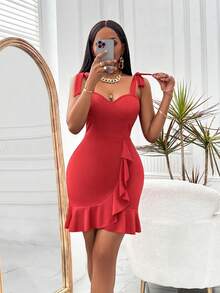 Women's Elegant Sexy Red Ruffle Hem Spaghetti Strap Bodycon Mini Dress, Tie Shoulder Design, Suitable For Party, Date, Holiday Party, Valentine's Day And Other Occasions - Red - View 6