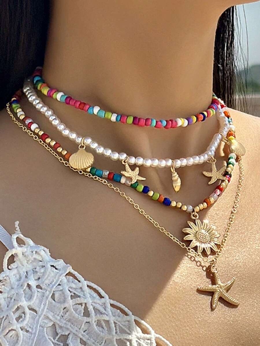 Bộ 4 vòng cổ hạt cườm phong cách đại dương thời trang với họa tiết vỏ sò, sao biển, hoa hướng dương, thích hợp cho đi biển, đeo hàng ngày, đi nghỉ mát, dự tiệc. - Xem 1