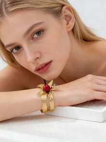 1pc Starfish Bracelet Inlaid With Vibrant Pearls, Jewelry Gift For Women To Wear On Holidays And Parties - Red - View 3