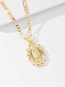 1pc Classic European Style Copper Inlaid Zirconia Flower Guadalupe Virgin Mary Pendant Necklace, Limited Edition. Suitable As Gift For Christmas, Thanksgiving, Halloween, Mother's Day, Valentine's Day, Friends, Godparents, First Holy Communion, Daily Wear And Prayer - Yellow Gold - View 2