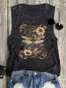 Women's Bohemian Style Dragonfly Floral Print Sleeveless Vest - Dark Gray Round Neck Casual Shirt, Machine Washable, Comfortable For All Seasons, Low Transparency Fabric - Dark Grey - View 6