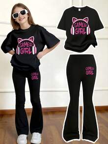 2pcs/Set Girls' Gaming Headset Print Short Sleeve T-Shirt And Flared Pants, Spring/Summer - Black - View 10