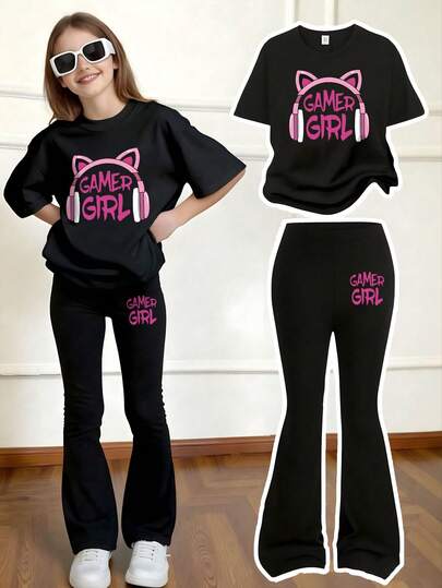 2件套 女童游戏耳机印花短袖T恤和喇叭裤，春夏款