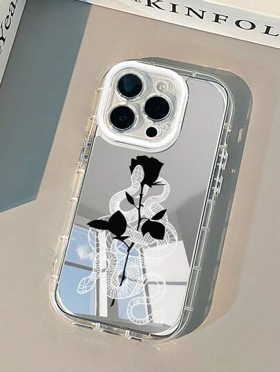 1个黑色玫瑰蛇纹镜面化妆手机壳，1.5mm PC硬壳二合一全包气囊防摔，创意穿孔凸起摄像头环，日常送礼佳品，兼容 17/17 Pro/AIR/17 Pro Max/16/16 Pro/16 Plus/16 Pro Max/15/11/12/13/14/16E/15 Pro/14 Pro/13 Pro/12 Pro/11 Pro/15 Pro Max/14 Pro Max/13 Pro Max/12 Pro Max/11 Pro Max