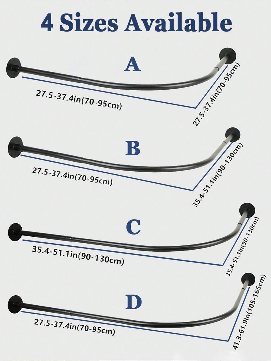 1根可调节不锈钢L型浴帘杆，可伸缩不锈钢L型浴帘轨道，弧形浴帘杆，无需钻孔安装，适用于浴室、浴缸、服装店、浴帘杆，L型黑色、不锈钢、白色浴帘杆，不锈钢转角浴帘杆，适用于浴室、浴缸、服装店、私人空间 - 彩色 - 查看 1