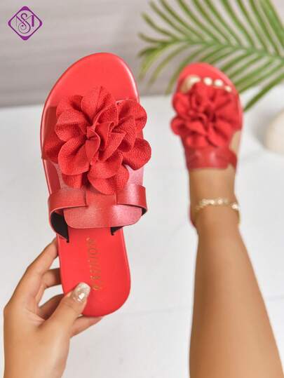 Sandal đế bằng bản rộng dành cho nữ, đính hoa hồng, kiểu dáng thanh lịch, thoải mái, dễ xỏ, đa năng, thích hợp cho hoạt động ngoài trời, đi biển và du lịch.