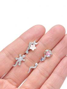 12 chiếc khuyên mũi hình chữ L, hình rắn, bướm, hoa, trăng đính đá CZ, dành cho nam và nữ, màu bạc và vàng, trọng lượng 20g. - Bạc - Xem 6
