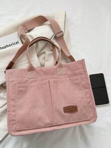 条纹灯芯绒单肩手提包，大容量可折叠 - 粉色 - 查看 6