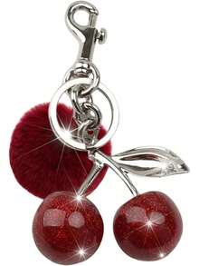 1pc Cherry Keychain Bag Charm - Car Cherry Decor Keychain, Gift For Women On Christmas, Valentine's Day (Size: 4.3 Inch/10.92 Cm X 2.6 Inch/6.6 Cm, Cherry Size: 1.18 Inch/3 Cm). Bag Charm, Car Decor, Gift Idea For Teachers, Friends, Sisters. - 銀紅色櫻桃絨球 - 查看 2