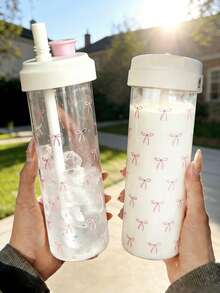 700ml Capacity Pink Water Bottle With Minimalist Bow Design, Resembling A Pearl Milk Tea Cup, Perfect For Summer. This Portable, Fashionable, Unique Large Capacity Plastic Water Bottle With Wide Straw Is An Ideal Choice For Girls, Students For Travel Or Daily Hydration, Also Suitable For Outdoor Activities And Fitness. It Also Has Heat Resistance Function, Making It The Perfect Choice For Daily Hydration Or Fitness. - Multicolor - View 2