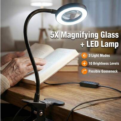 5X Magnifying Glass With Light, Clip On Mganifier With Light, 48 LED Desk Magnifying Glass Wtih Clamp, 3 Modes Dimmable Magnifying LED Lamps For Bed Work Crafts DIY Repair