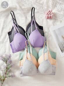6件/套 女士纯色条纹无钢圈加厚文胸，舒适贴合，可调节肩带，品质稳定，休闲简约，日常提拉文胸/内衣 - 彩色 - 查看 2