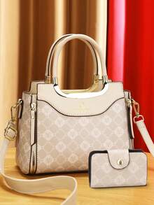 Chic 3pcs Women's Fashion Bag Set - Elegant Geometric Print, Faux Leather Tote With Crossbody & Clutch Wallet - Coffee - View 8