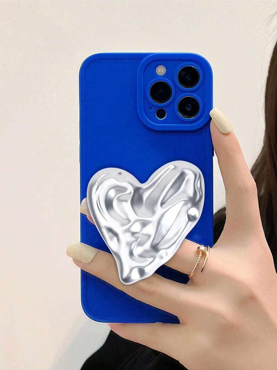 1pc Heart-Shaped Wave Adjustable Metal Phone Holder, Versatile For Various Phone Models - Silver - View 1