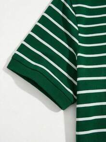Camiseta de cuello redondo de manga corta con rayas retro de punto para hombres, parte superior casual con puños acanalados - Verde - Ver 4