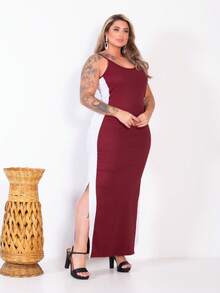 Plus Size Curvy Style Strappy Dress With Thin Straps, Side Slit, Ribbed Fabric, Extra Large, Long, Elastane, For Formal Parties And Maternity Wear. - Burgundy - View 1