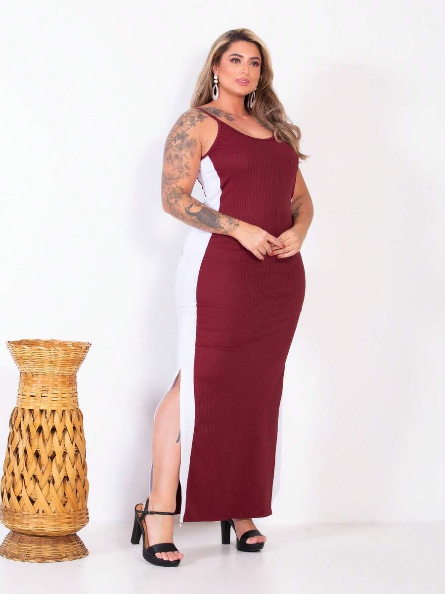 Plus Size Curvy Style Strappy Dress With Thin Straps, Side Slit, Ribbed Fabric, Extra Large, Long, Elastane, For Formal Parties And Maternity Wear. - Burgundy - View 1