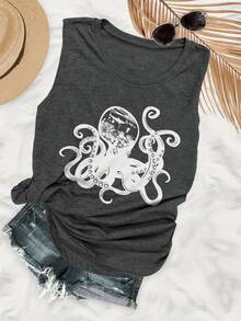 Plus Size-Octopus Underwater World Shark Print Tank Top-1XL-5XL - Màu xám đen - Xem 1