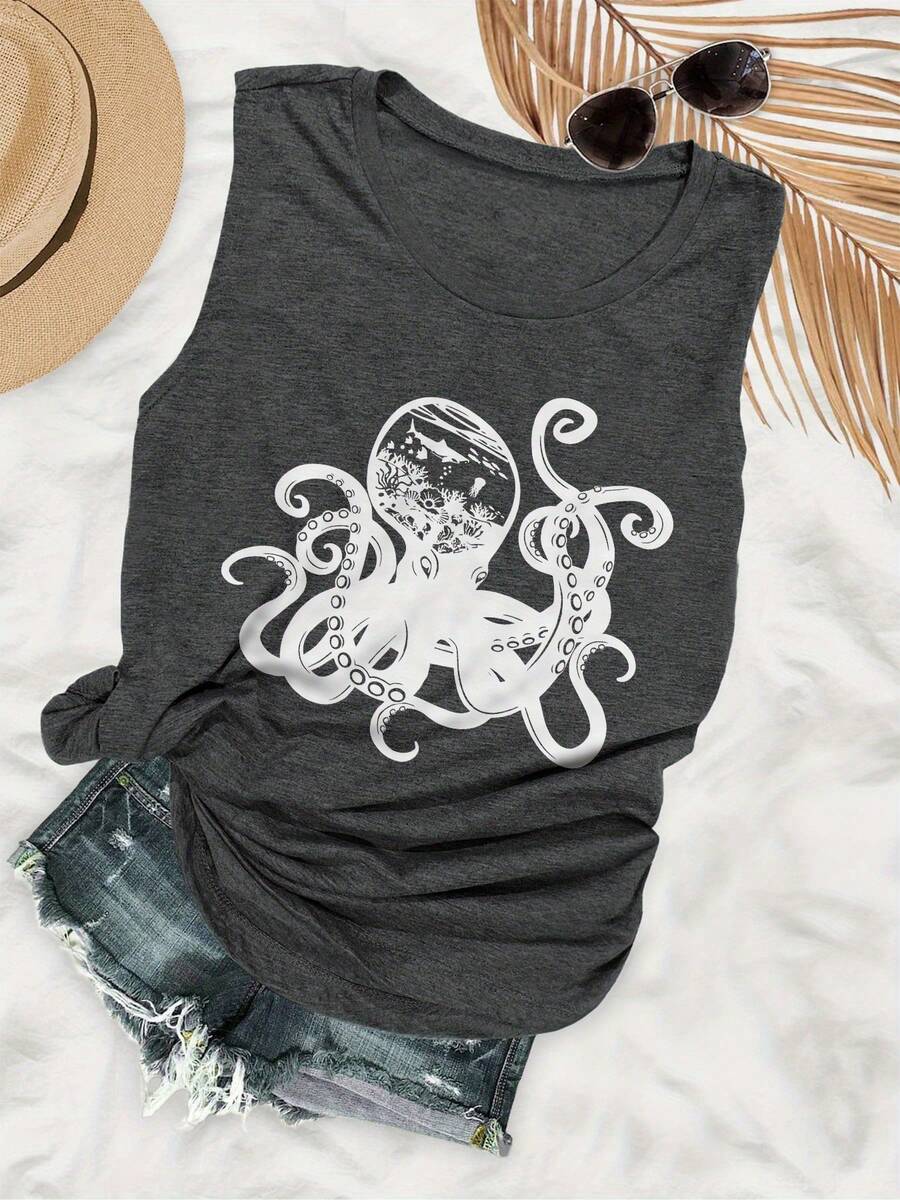 Plus Size-Octopus Underwater World Shark Print Tank Top-1XL-5XL - Màu xám đen - Xem 1