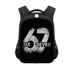 A Black Backpack With A 67 Pattern, A Cartoon Printed Pattern Large Capacity Backpack, Fashionable , A Spine-Protecting Shoulder Strap, And A Strip Design. Suitable For Students To Use, Back To School Season, Gifts. - A - View 11