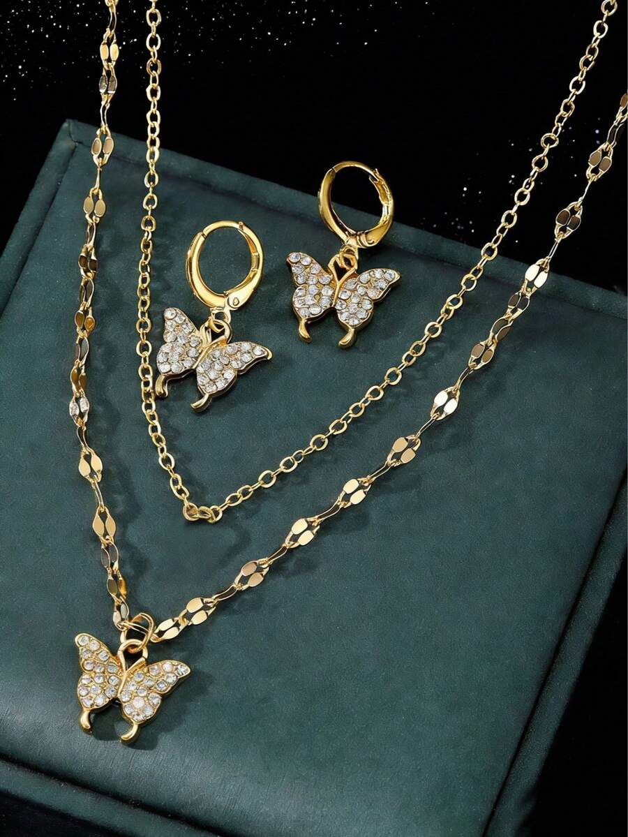 1 Set (1 Necklace, 1 Pair Earrings) Girls' Fashion Versatile Butterfly Pendant Necklace Set, Suitable For Daily Wear And Parties - Gold - View 1