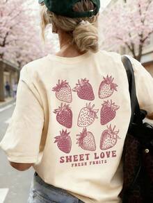 1pc Girls' Casual Strawberry Print Round Neck Short Sleeve T-Shirt, Summer Student Youth Clothing - The Strawberry Print T-Shirt Brings Joy And Happiness To Every Child! SWEET LOVE FRESH FRUITS - Apricot - View 1