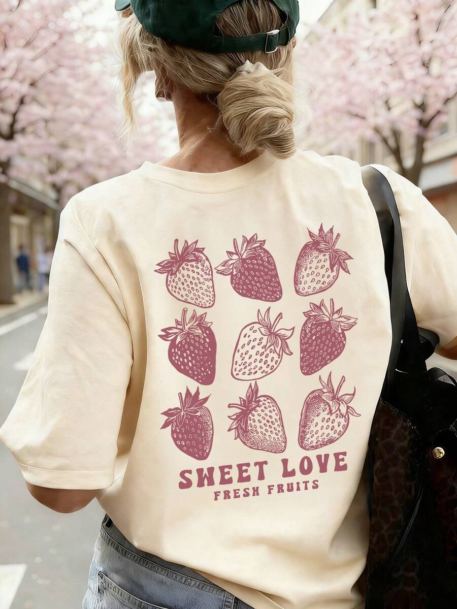 1pc Girls' Casual Strawberry Print Round Neck Short Sleeve T-Shirt, Summer Student Youth Clothing - The Strawberry Print T-Shirt Brings Joy And Happiness To Every Child! SWEET LOVE FRESH FRUITS - Apricot - View 1