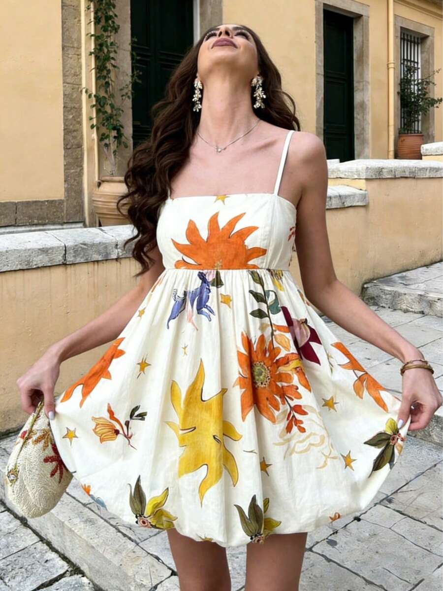 女士休闲花卉印花植物叶子图案波西米亚风露背可爱连衣裙夏季度假无肩带连衣裙优雅 - 杏色 - 查看 1