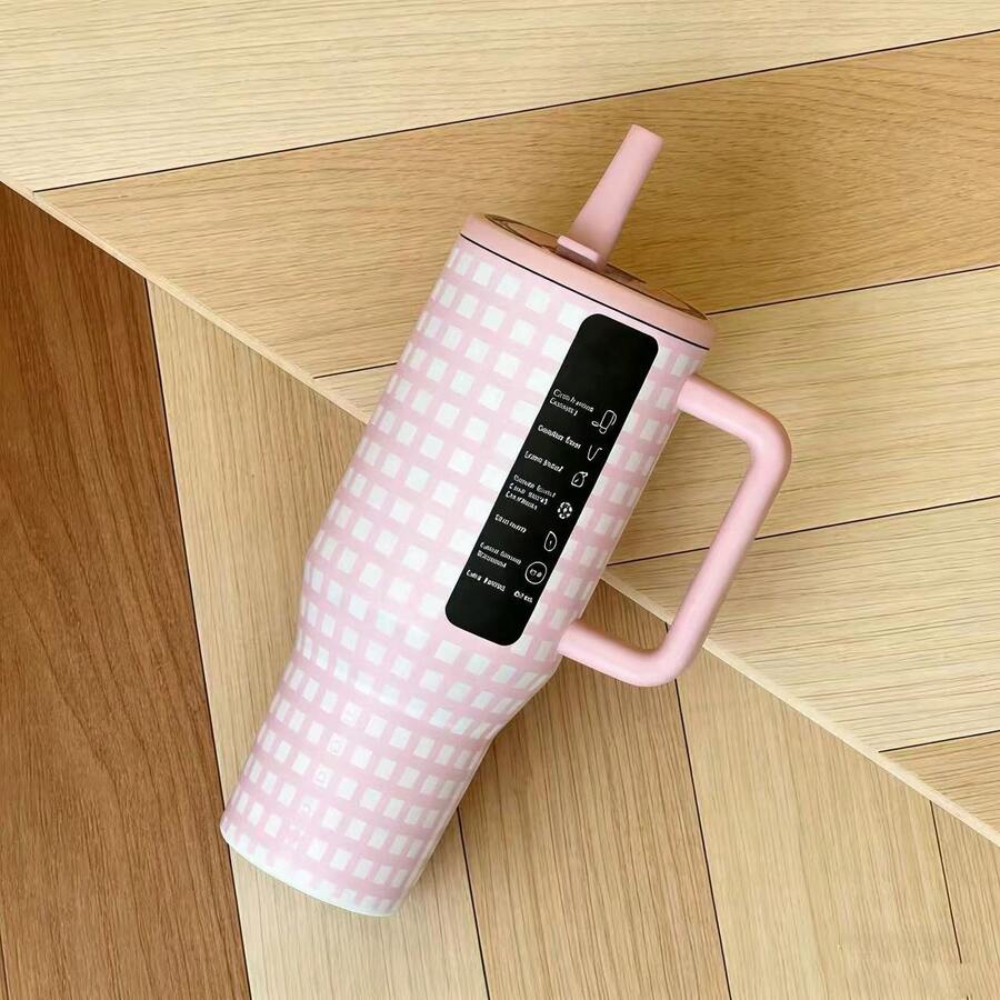 HYDROJUGs 40oz Luxe Black & Cream Checkered-Stripe Stainless Steel Insulated Tumbler With Gold Rim Accent, Ergonomic Black Handle & Secure Slide Lid, Double-Wall Vacuum Travel Mug For Daily Commute, School, Coffee Runs, Camping Trips & Office Breaks, Ideal Christmas & Halloween Gift For Family, Friends & Retro Luxury Enthusiasts - 40oz Pink and White Checkered - View 1