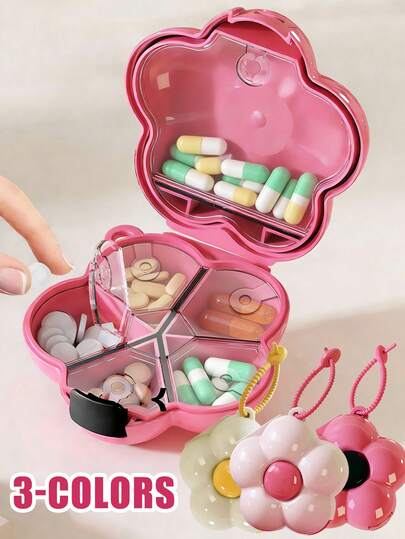 Estuche portátil de píldoras con diseño floral de 3 colores - Caja de almacenamiento de medicamentos a prueba de humedad, rosa, fucsia, crema, organizador de píldoras reutilizable unisex para vitaminas y suplementos, esencial para el hogar, viajes, exteriores, oficina y escuela