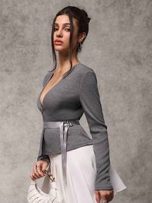 灰色花卉雪纺针织系带可调节深V领修身开衫，Y2K风格，性感气息，办公室风格 - 深灰色 - 查看 4