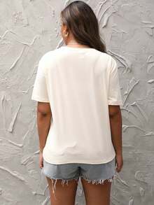 女士时尚低电量印花圆领短袖休闲T恤 夏季 - 米色 - 查看 2