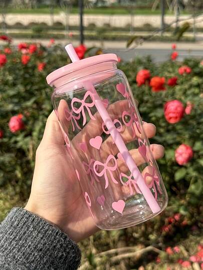 1pc 16oz Plastic Water Bottle With Bow Print, Comes With Reusable Colored Straws, Ideal For Storing Ice Cubes, Juice, Coffee, Water, Great Gift For Sisters And Friends. Available In Multiple Colors, Can Be Used As Car Cup, Office Coffee Cup, Daily Water Bottle, And Valentine's Day Gift.