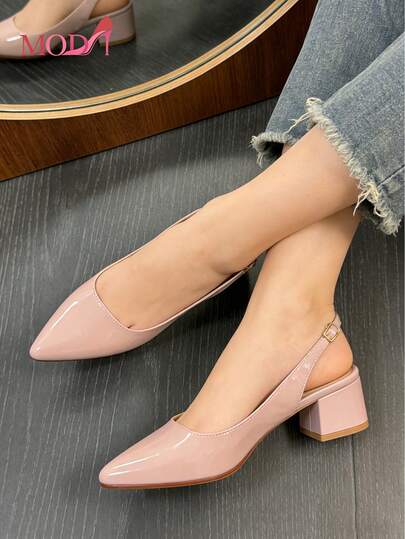 Zapatos De Tacón Alto De Color Nude Simple Para Mujer Para Uso En Exteriores,Mujer Zapatos de Tacón Grueso, Punta Fina, Correa de Charol, Estilo Elegante para Oficina y,Zapatillas de tacón elegantes grueso de punta afilada para mujer – Punta fina, diseño ancho cómodo, recubierto brillante con hebilla, estilo slingback moderno y versátil – Tendenci 2026 para oficina, citas y outfits diarios, versátil para todas las estaciones