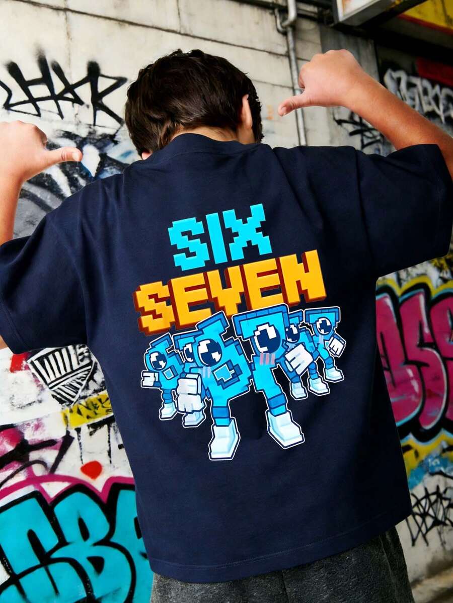 男童“意大利脑洞大开数字67”图案T恤,面料柔软舒适,时尚夏季男童上衣 - 藏蓝色 - 查看 1