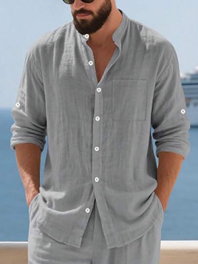 Men's Spring/Summer Linen Stand Collar Long Sleeve Shirt, Button Front Chest Pocket + Roll-Up Sleeve Design, Breathable & Stylish, Suitable For Beach Vacation & Casual Wear. Sizing Tips: Available In XS-XXXL, European Fit Tends To Be Loose, Recommend Sizing Down For A More Fitted Look; Lighter Color Fabrics Are Slightly Sheer, Choose Based On Styling Needs.