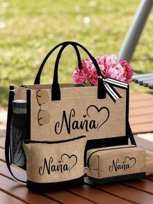 Bộ 3 túi xách Nana bằng vải lanh, họa tiết chữ Nana Love Letter, túi xách thời trang, ví, điểm nhấn nơ in họa tiết da báo, túi tote dung tích lớn, túi đeo vai đa năng, túi đựng đồ du lịch, món quà hoàn hảo cho các dịp lễ, sinh nhật, Giáng sinh, mùa thu/đông. - Nhiều màu - Xem 3