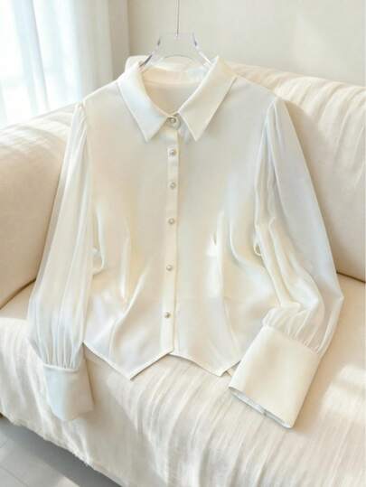 Plus Size PARARAL Women's Spring And Summer Casual Everyday Elegant Professional Attire Patchwork Transparent Netting Lace Long Sleeve Shirt Spring Fashion Women's Style Valentine's Day Fashion Women's Elegant Party Top Wedding Guest Top Women's Spring And Summer Everyday White