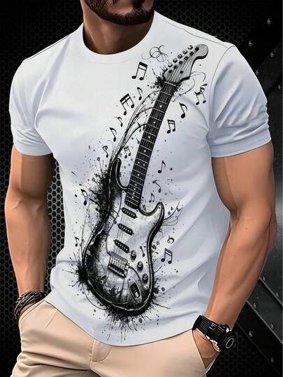 男士圆领T恤，吉他印花设计，涤纶面料，休闲百搭，白色，耐穿舒适，适合居家、办公或户外活动，时尚轻便。