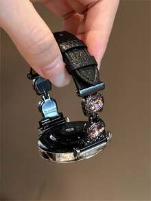 Correa de reloj de piel genuina con patrón de gato lindo, ajustable de 18 mm/20 mm/22 mm de longitud, compatible con Samsung Galaxy y otras marcas de relojes, duradera y suave y transpirable - Diamante rosa de piel negra - Ver 3